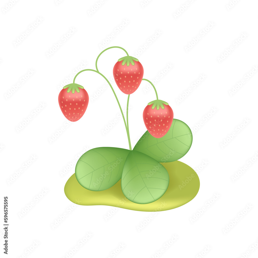 Strawberry plant on ground 3d vector illustration. Berries with green  leaves growing in garden in cartoon style isolated on white background.  Nature, plant, gardening concept Stock Vector | Adobe Stock