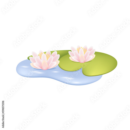 Colorful water lily 3d vector illustration. White flowers or lotuses on pond in garden or wild in cartoon style isolated on white background. Plants, nature, home interior concept