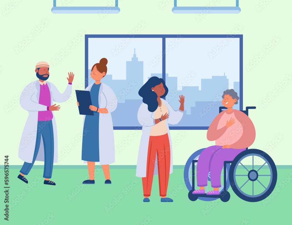 Arabic and Caucasian doctor couple in clinic vector illustration. Interracial couple of medical professionals, woman treating patient in wheelchair. Medicine, relationship, diversity concept