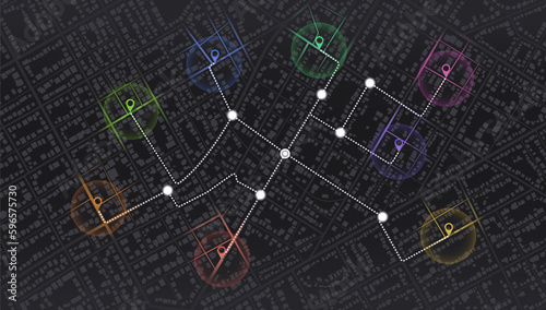 GPS map. City street road. Abstract transportation. City top view. Hi-tech vector background. route distance data, path turns and destination tag or mark
