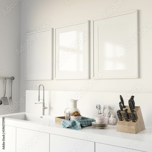 Photo of a well-organized kitchen with a clean sink and neatly arranged utensils on the counter 3d render illustration