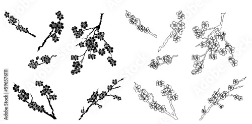 Free hand Sakura flower vector set, Beautiful line art Peach blossom isolate on white background.Branch of cherry blossom for printing on wallpapers and sticker.Japanese flower.Golden line art.