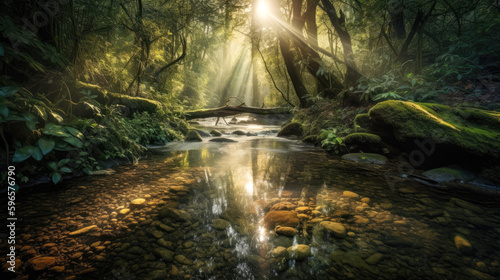 A crystal-clear stream meandering through a lush forest, with sunbeams filtering through the trees and casting dappled shadows on the sparkling water. Generative AI