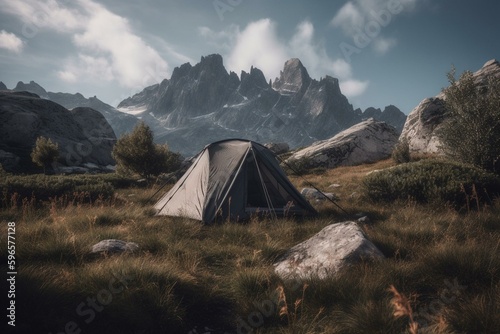 AI generated image of a tent pitched in a scenic location by the mountains. Generative AI