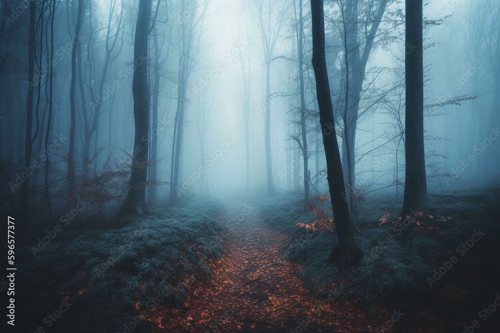Blue eerie forest path with autumn fog and tall trees. Generative AI