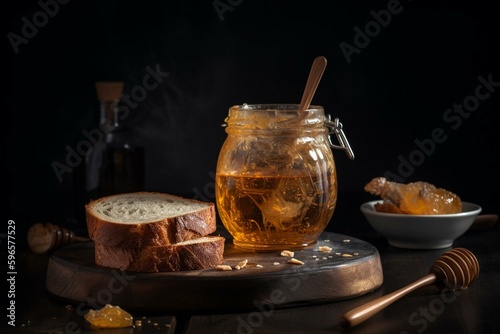 A jar of honey, bread, and honeycomb on a dark surface beside spoons. Generative AI