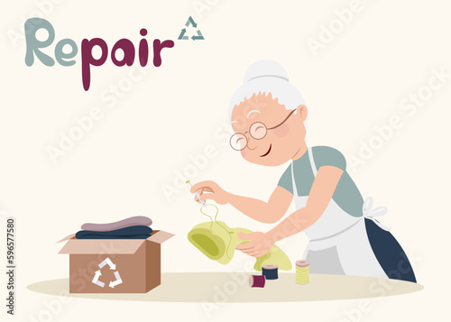 Repair poster. Grandmother sews on the button to the t-shirt. Second hand and flea market. Reuse and recycle. Sustainability and eco concept. Vector flat illustration 