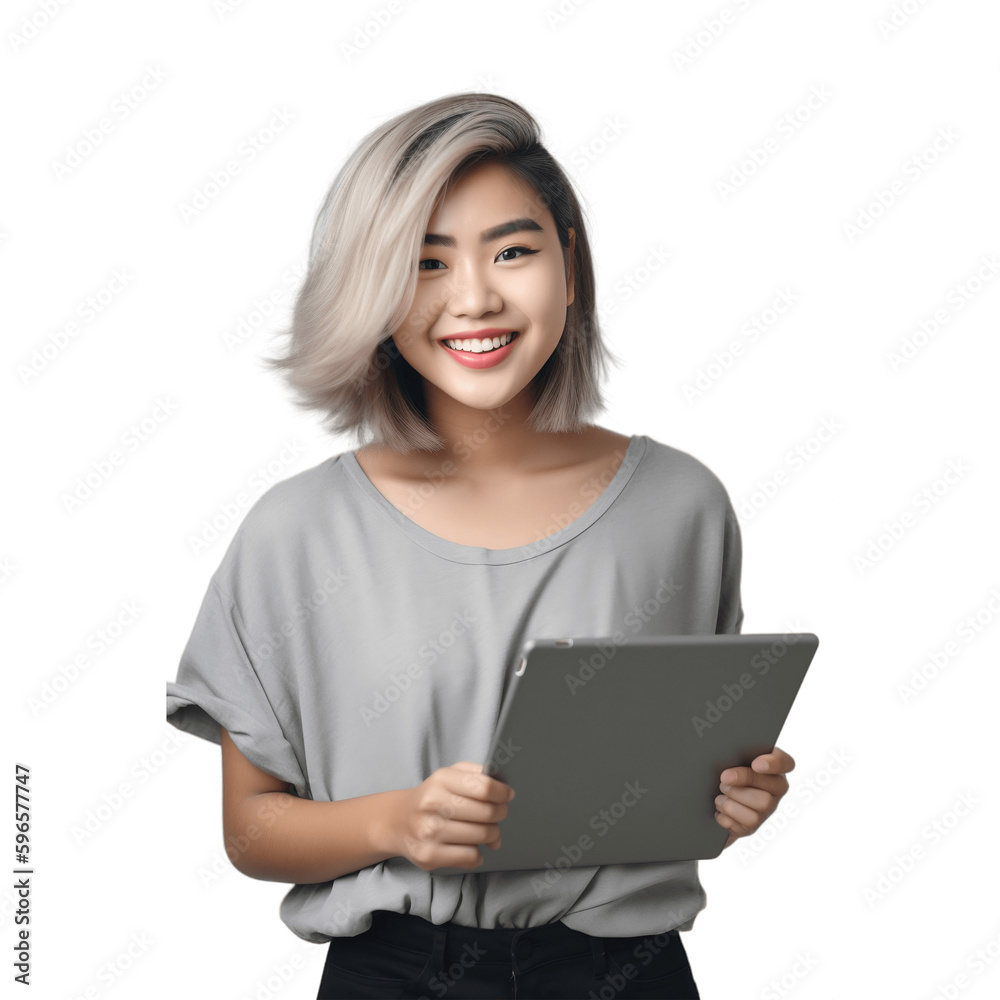 Beautiful asian young woman smile holding tablet computer pc, isolated on white and transparent background, ai generate - obrazy, fototapety, plakaty 