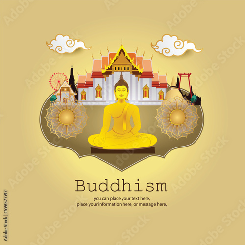 Buddha statue meditating and copy space vector background - Magha puja day, Vesak day banner, important Buddhism days Thailand culture