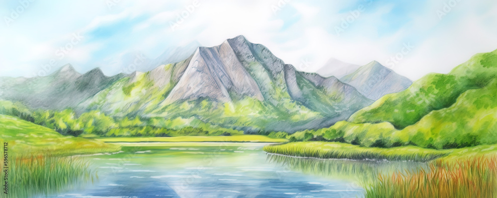 Lake in mountain landscape, outdoors , blue sky, nature, trekking, vacation, summer. Generative AI,