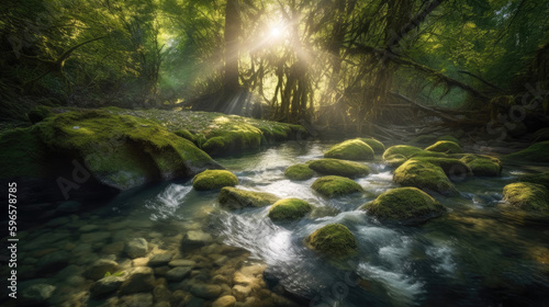 A crystal-clear stream meandering through a lush forest, with sunbeams filtering through the trees and casting dappled shadows on the sparkling water. Generative AI © piai