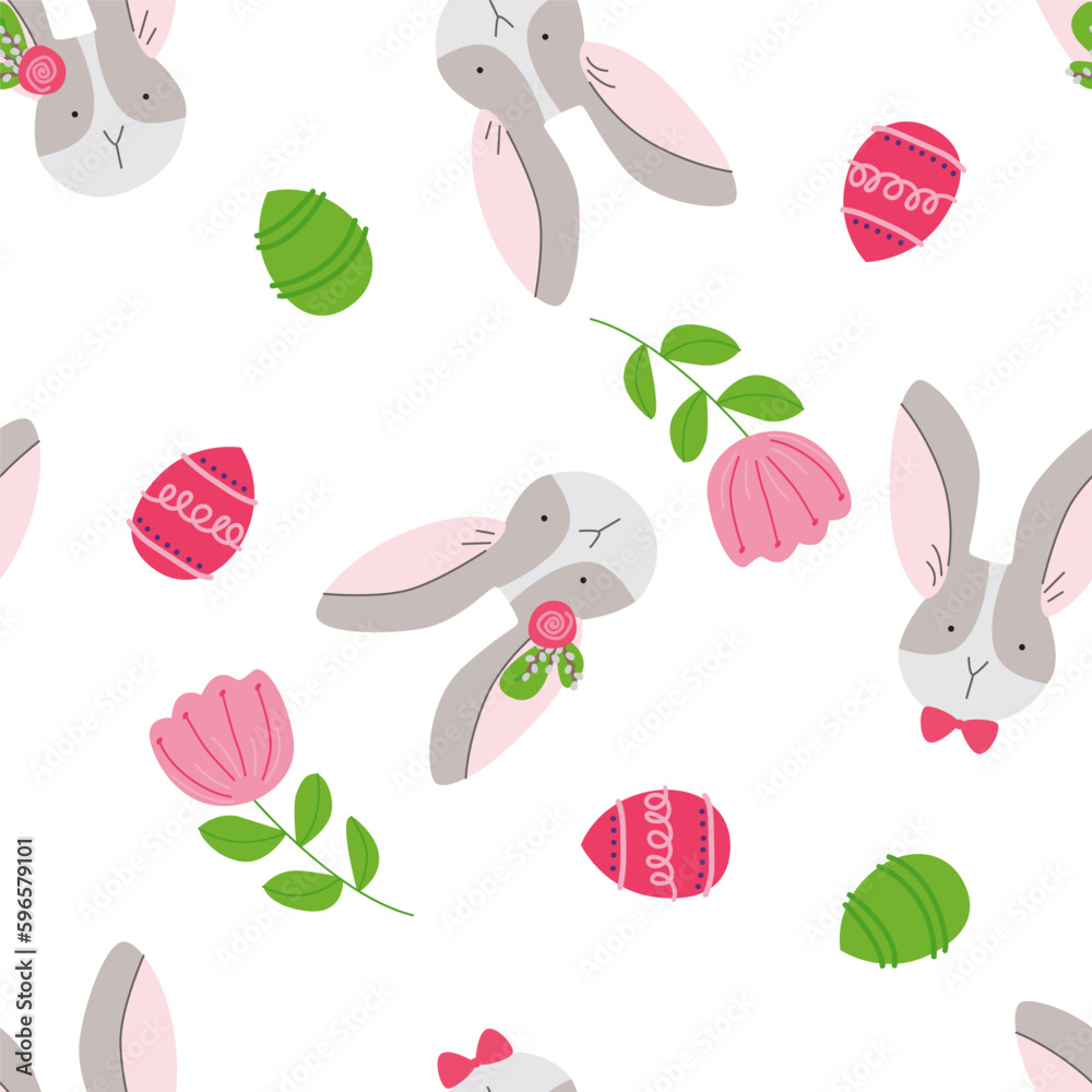 A cute seamless pattern with rabbits, flowers and color eggs. Easter spring design with buns. A cute seamless pattern with rabbits, flowers and color eggs. Easter spring design with buns.