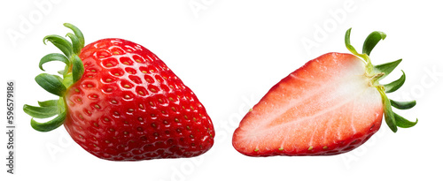 Fototapeta Naklejka Na Ścianę i Meble -  Whole and cut half ripe strawberry isolated on white