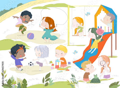 Group of Kids playing on Playground Spending Time in Games, having fun, fooling around. Vector Illustration