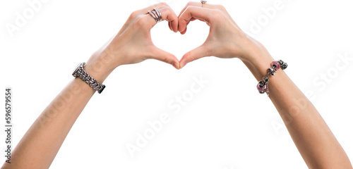 Fotografija Woman hand up with heart gesture wearing silver charm accessory isolated transpa