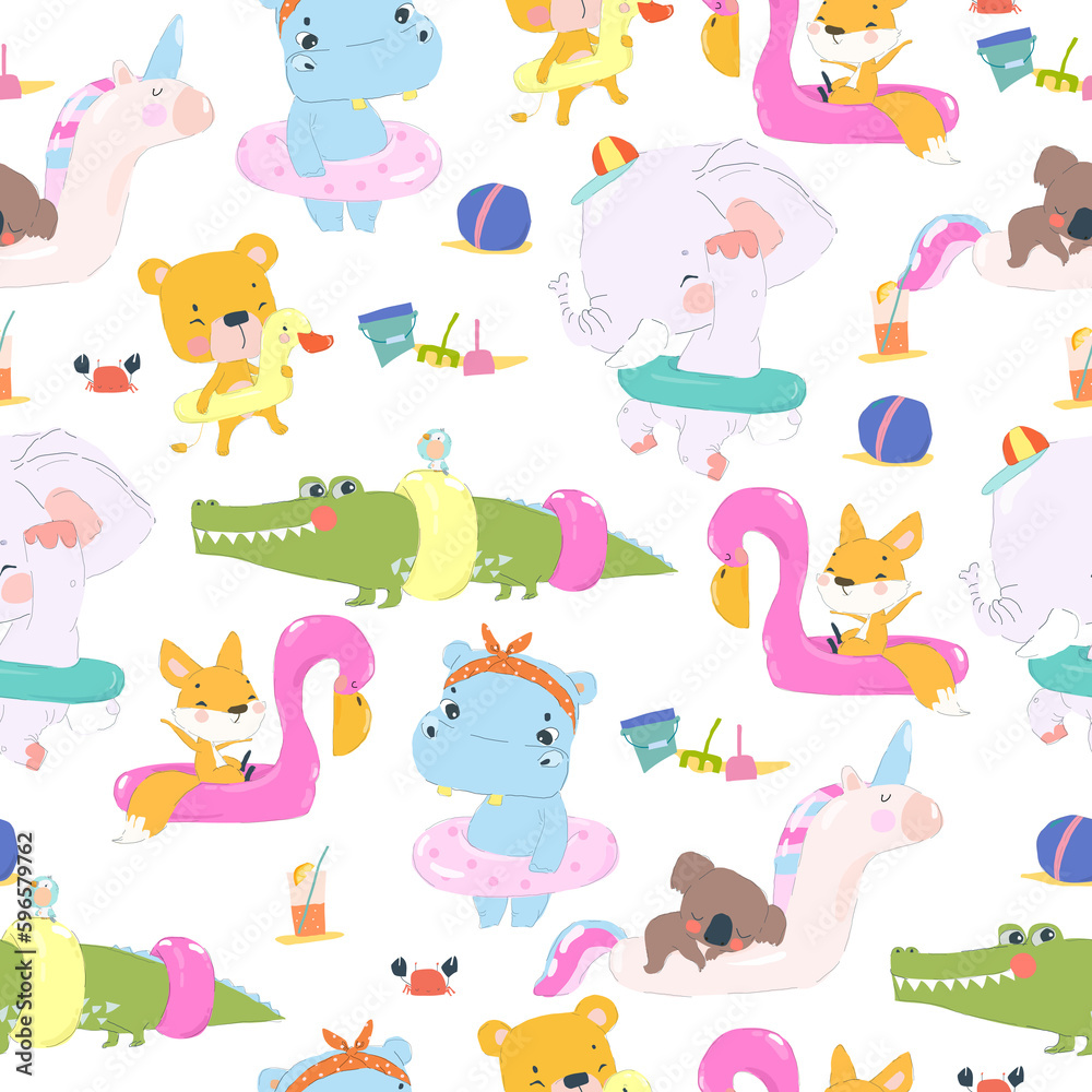 Vector Seamless Pattern with Cute Animals in an Inflatable Circles