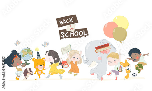 Cartoon Happy Children and Animals enjoying Back to School. Vector Illustration.