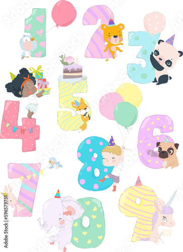 Birthday Numbers Animals and Kids. Party Fun Invitation for Kids Celebration Characters. Vector Illustration