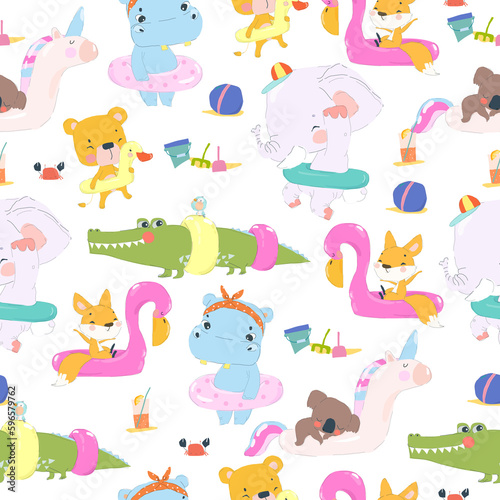 Vector Seamless Pattern with Cute Animals in an Inflatable Circles
