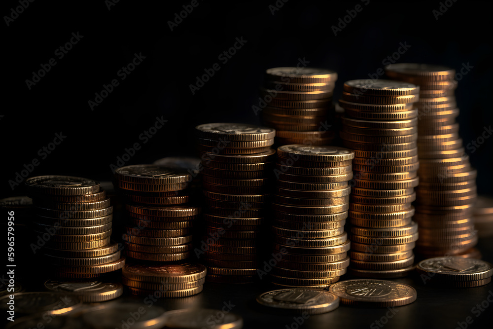 Stacks of coins on a dark background. Bitcoin, banking concept.
Generative AI. Stacks of coins on a dark background. Bitcoin, banking concept.
Generative AI.