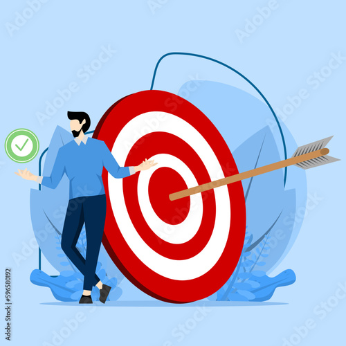 concept Business goals, goals or targets, goals and resolutions to achieve success, aspirations and motivation to achieve goals, confident businessman standing with arrows on target on archery targets