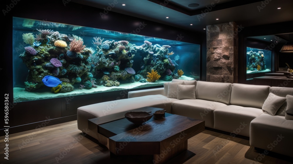 Apartment Interior with Saltwater Coral Reef Aquarium Wall