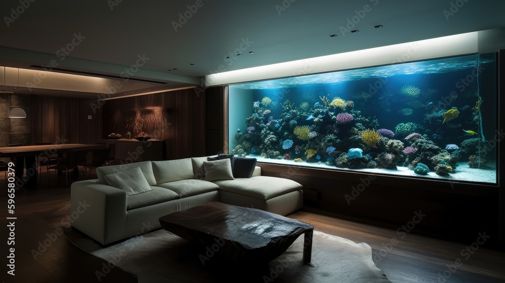 Apartment Interior with Saltwater Coral Reef Aquarium Wall ...