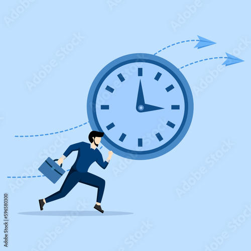 time management concept, discipline, deadline time, Businessman running ahead of the clock, Deadline business and efficient concept. Flat vector illustration on blue background.