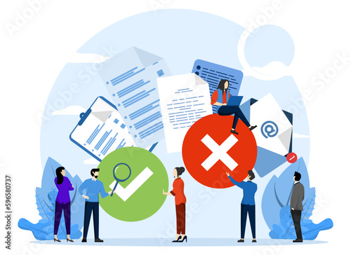 Decision making concept illustration. the business team chooses the option between yes and no. Choice, problem and decision concept. Vector illustration in flat cartoon style