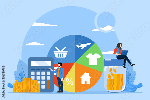 Budget planning concept. People analyze personal or company budget. Financial accounting and calculation of financial income and expenses. A man standing near a pie chart with expenses indication