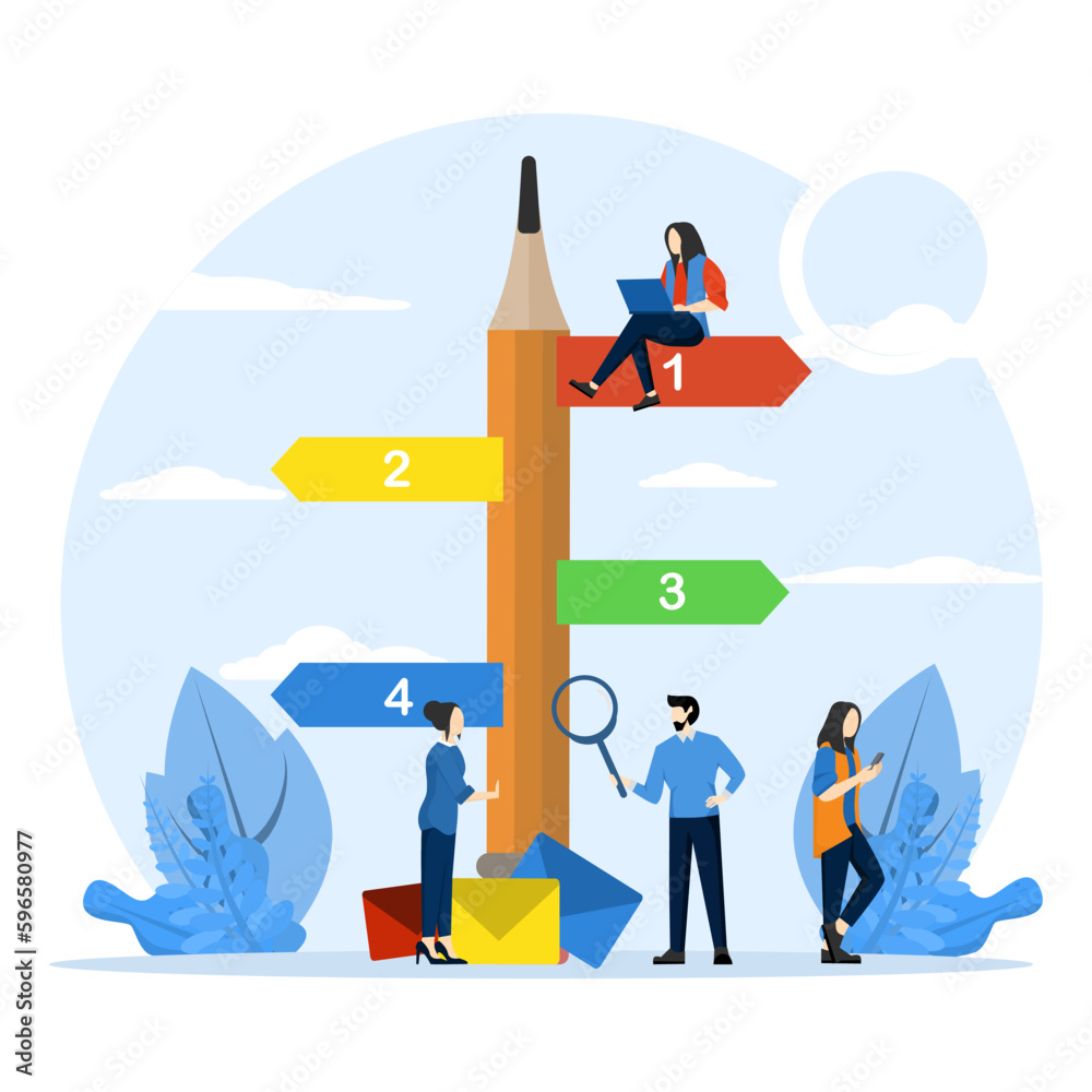 pencil direction sign on different road, destination, Solution, choice of direction, travel to choice of different places, Vector illustration in flat cartoon style. pencil direction sign on different road, destination, Solution, choice of direction, travel to choice of different places, Vector illustration in flat cartoon style.