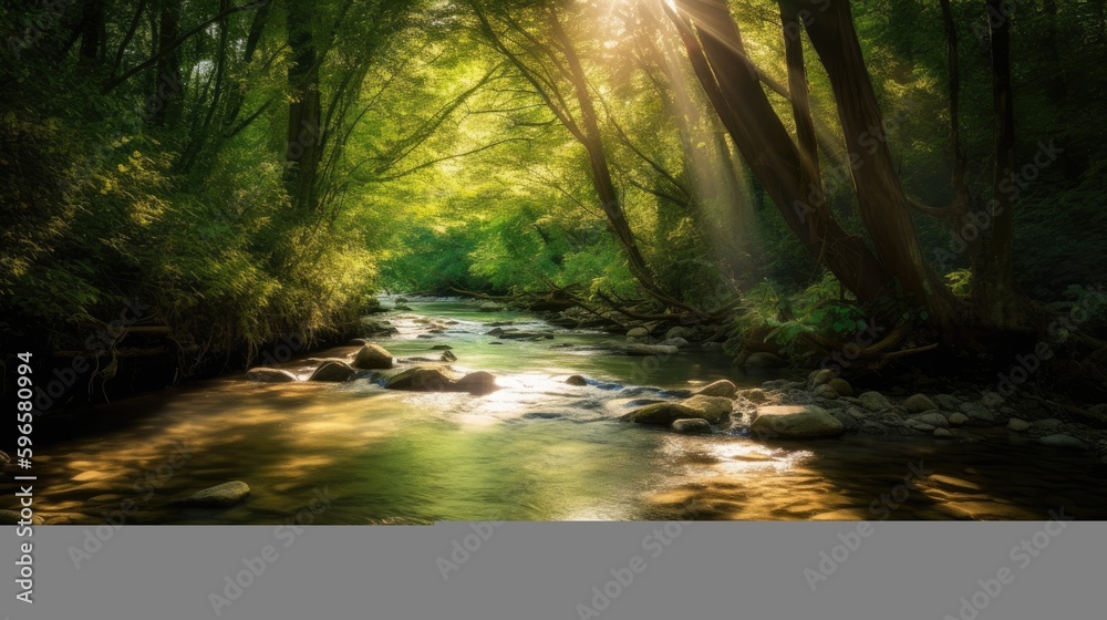 Obraz premium A crystal-clear stream meandering through a lush forest, with sunbeams filtering through the trees and casting dappled shadows on the sparkling water. Generative AI