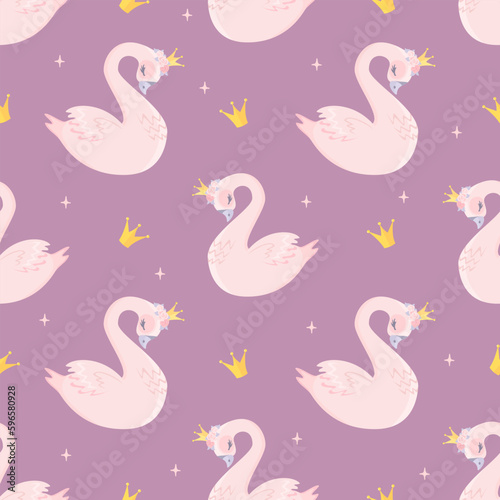 Nice gentle vector pattern for girls. Princess swan, crowns, stars. Fairy tale children's background 