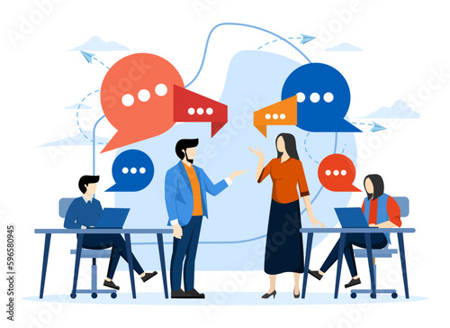 Teams discuss social networks, news, chats, chat bubble dialogues near them, negotiate new projects. Discussion of the company's business strategy. Startup Meeting in flat style.