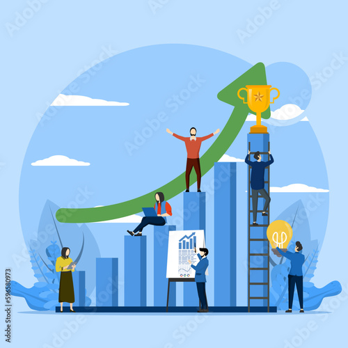 target achievement concept, people running to their goal in column, Business Team Success with Trophy. motivation move up, path to achieve target, vector flat illustration.
