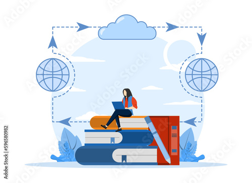 women learn from anywhere with future cloud computing technology. more efficient education with distance learning. vector illustration Designed for websites, web, apps, posters, banners