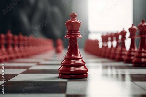 Red chess pawn leading white pawns in 3D on white background. Generative AI