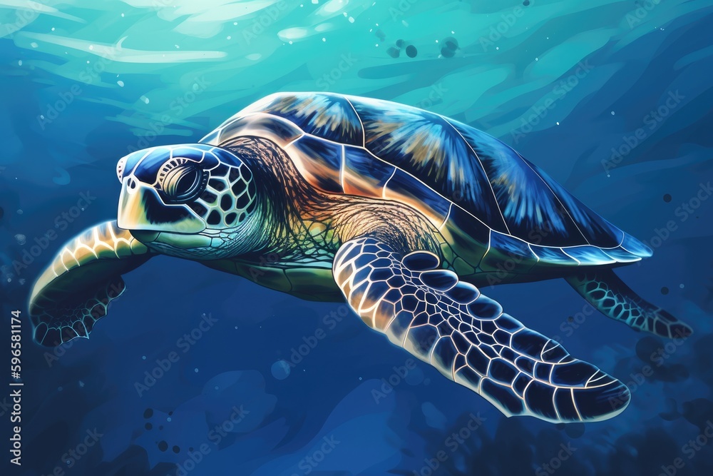 Fototapeta premium Green sea turtle in deep blue water for world turtle day or oceans day, created with generative ai