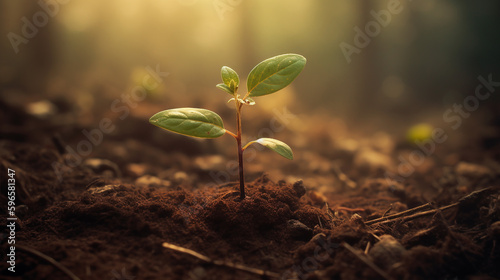 Green plant growing from the soil. Ecology background of seedling. Sprout growing in environmental. Generative AI