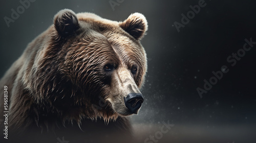 Brown bear on dark background. Portrait of Grizzly bear. Dangerous wildlife animal. Generative AI