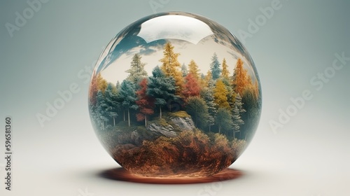 Illustration of forest trees inside a glass globe. Concept background of earth nature environment. Generative AI © tanyastock