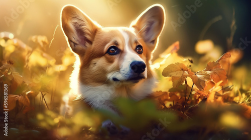 Corgi dog in fairy nature background. Portrait of cute dog illustration. Generative AI