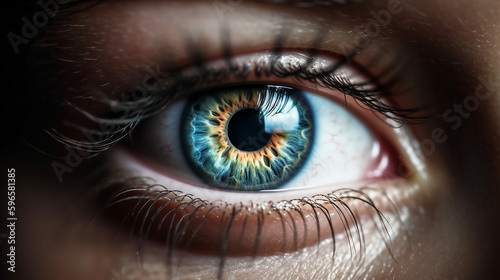 Beautiful woman blue eye with close up iris. Macro human eyeball. Generative AI