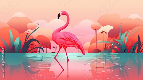 Beautiful flamingo in floral summer background. Illustration with tropical palm leaves. Generative AI photo