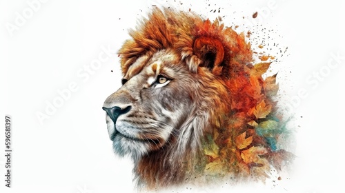 Realistic portrait of a lion head. Double exposure illustration of animal with trees. Generative AI
