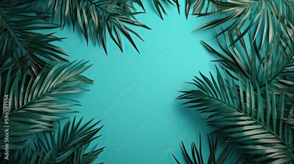 Tropical leaf frame background. Exotic palm leaves illustration. Jungle leaves banner. Generative AI