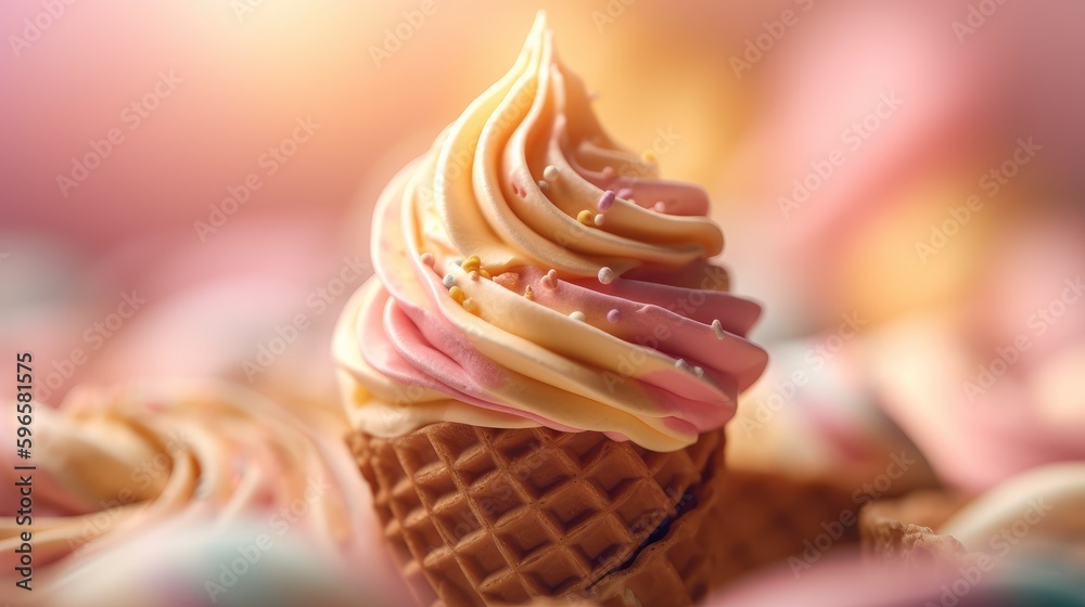 Fototapeta premium Ice cream in waffle cone. Vanilla flavor dessert on bokeh background. Generative AI