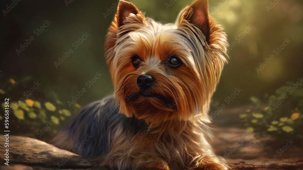Yorkshire terrier in the park. Small York dog on green grass background. Generative AI Yorkshire terrier in the park. Small York dog on green grass background. Generative AI