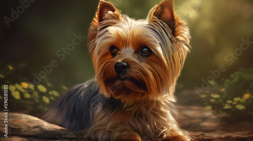 Yorkshire terrier in the park. Small York dog on green grass background. Generative AI