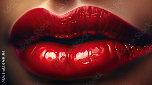 Woman red lips. Fashion beauty mouth. Stunning glamour makeup. Generative AI